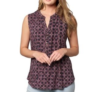 Westport Womens 1X Navy Pink Floral V Neck Sleeveless Button Front Tunic Top